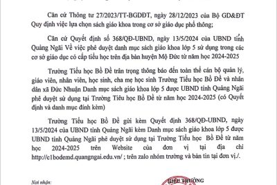 THÔNG BÁO DANH MỤC SÁCH GIÁO KHOA LỚP 5 SỬ DỤNG TẠI TRƯỜNG TIỂU HỌC BỒ ĐỀ NĂM HỌC 2024-2025